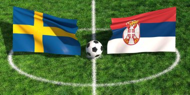 Çimenli bir spor sahasında futbol topunun üzerinde sallanan İsveç ve Sırp bayraklarının yüksek açılı görüntüsü