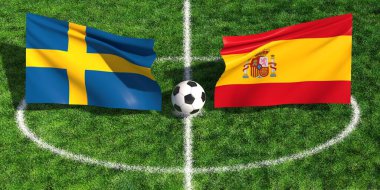 İsveç ile İspanya arasındaki uluslararası futbol karşılaşmasında yeşil bir spor sahasında ulusal bayraklar