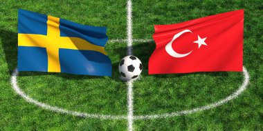 Yeşil spor sahasında ulusal bayraklarla İsveç ile Türkiye arasında oynanan uluslararası futbol karşılaşması