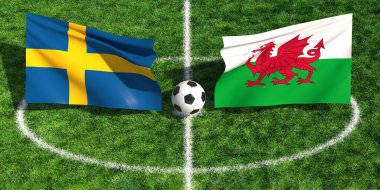 Yeşil bir spor sahasında ulusal bayraklarla İsveç ve Galler arasında oynanan uluslararası futbol maçı
