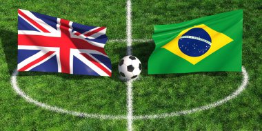 Birleşik Krallık ve Brezilya bayraklarının yer aldığı uluslararası futbol maçı konsepti