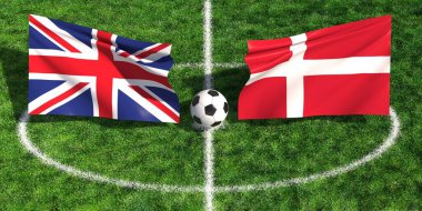 National flags of UK and Denmark waving over a green soccer pitch with ball at center circle