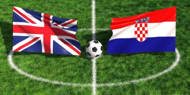 İngiltere ile Hırvatistan arasında ulusal bayraklar ve stadyum sahasında top oynanan futbol maçı