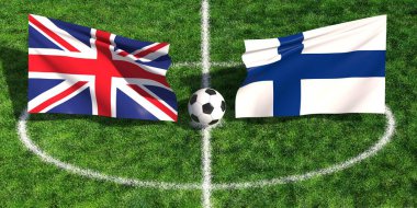 Birleşik Krallık ve Finlandiya arasında yeşil çimenlik alanda bayraklarla oynanan uluslararası futbol maçı