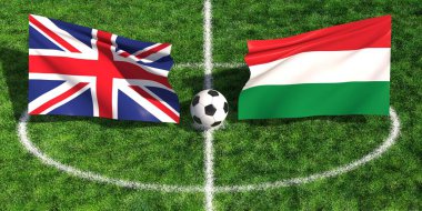 Birleşik Krallık ve Macaristan arasında yeşil çimenlik alanda bayraklarla oynanan uluslararası futbol maçı