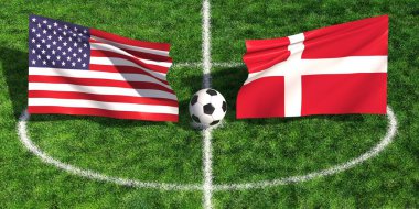ABD ile Danimarka arasında oynanan ve yeşil bir spor sahasında ulusal bayraklar bulunan uluslararası futbol karşılaşması