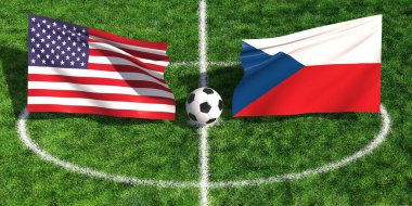 ABD ile Çek Cumhuriyeti arasındaki uluslararası futbol maçında stadyum çimenliği üzerinde bayraklar