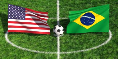 Yeşil bir spor sahasında ulusal bayraklarla ABD ve Brezilya arasında oynanan uluslararası futbol maçı