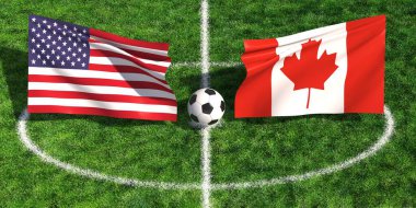 Yeşil bir spor sahasında ulusal bayraklarla ABD ve Kanada arasında oynanan uluslararası futbol maçı
