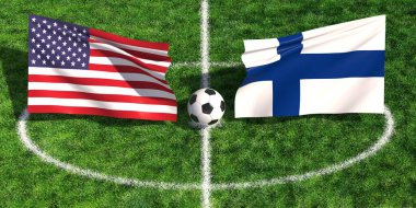 ABD ve Finlandiya 'nın çim sahası üzerinde bayrak taşıdığı uluslararası futbol maçı konsepti