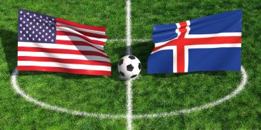 ABD İzlanda 'ya karşı ulusal bayraklar ve yeşil sahada futbol topunun yer aldığı futbol maçı kavramı