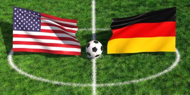 ABD, Almanya 'ya karşı milli bayraklar ve futbol topuyla yeşil çimlerde oynanan futbol maçı konsepti