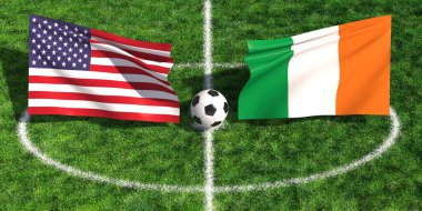Ulusal bayraklar ve yeşil sahada futbol topunun yer aldığı ABD-İrlanda futbol karşılaşması konsepti