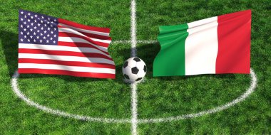 ABD, İtalya 'ya karşı ulusal bayraklar ve yeşil sahada futbol topunun yer aldığı futbol maçı kavramı