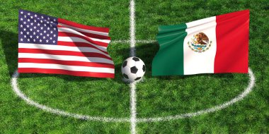 ABD, Meksika 'ya karşı milli bayraklar ve futbol topuyla yeşil çimlerin üzerinde futbol maçı konsepti