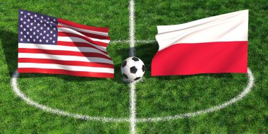 ABD, Polonya 'ya karşı milli bayraklar ve futbol topuyla yeşil çimlerin üzerinde futbol maçı konsepti