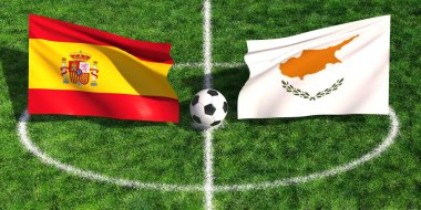 İspanya ve Kıbrıs 'ın bayrakları arasında yeşil bir çim tarlasına bir futbol topu konur.