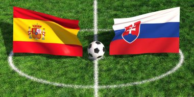 İspanya ve Slovakya bayraklarını futbol topuyla gösteren uluslararası futbol maçı arkaplanı