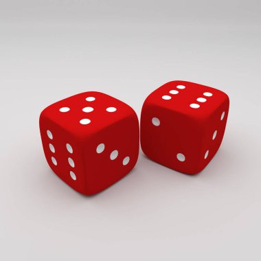 Basit bir gri stüdyo arka planında izole edilmiş beyaz noktalı iki kırmızı altı kenarlı zar.