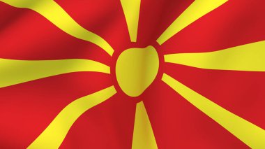 Kırmızı arka planda sarı bir güneşe sahip Kuzey Makedonya bayrağının yüksek kaliteli 3D görüntüsü