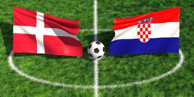 Uluslararası futbol karşılaşması Danimarka ile Hırvatistan arasında yeşil çimen sahası üzerinde bayraklar