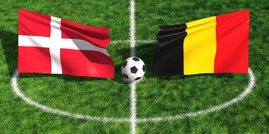 Danimarka ve Belçika arasında oynanan futbol maçının ortasında yeşil çim sahası üzerinde ulusal bayraklar