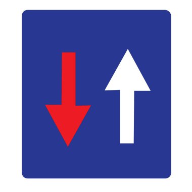 Kare mavi bilgi işareti ve sürücüler için gelen trafiğe göre önceliği belirten oklar