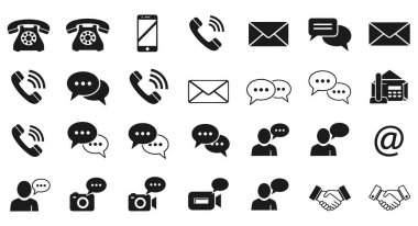 Beyaz arka planda izole edilmiş siyah iletişim ve iletişim simgeleri koleksiyonu. Telefon, cep telefonu, arama, mesaj, sohbet baloncukları, e- posta, zarf, destek, müşteri hizmetleri içerir
