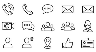 Beyaz arka planda izole edilmiş temiz ve minimal bir iletişim simgesi koleksiyonu. Telefon görüşmesi, sohbet mesajı, e-posta, video, kullanıcı profilleri, konum, uygulamalar, web siteleri, UI, sosyal medya için uygun iletişim sembolleri içerir