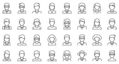 Beyaz arka planda izole edilmiş insanların yüz ve üst vücut simgelerinin basit çizgi çizimlerinden oluşan bir derleme. Kullanıcı avatarları, profil simgeleri, takım üyeleri, UI tasarımı için uygun çeşitli biçimlerdeki erkek ve kadın karakterleri içerir