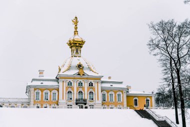 Peterhof Müzesi sarayı ve şelaleli şelale kışlı.