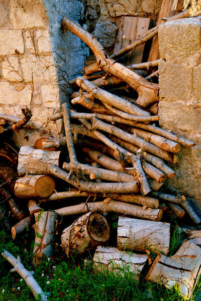 Firewood for campfire in tourist parking lot lies on the ground, details of hiking on vacation
