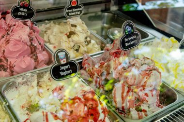 Çeşitli Renkli Meyve Lezzetli Dondurma Konteynırlarda Yazın Satılık Sergi Kutusunda