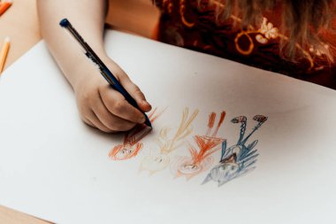 Kotor, Karadağ, 7 Temmuz 2025, kağıda renkli kalemle çizim yapan çocuk, anaokulunda resim çizen çocuk, anaokulu eğitimi