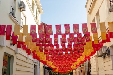 Karadağ 'ın bağımsız devletinin pek çok ulusal bayrağı kentin arka planında bayrak direğine asılı durumda