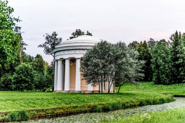 Pavlovsk Parkı manzarasının manzarası Ağaçlar, çimenler, çimenler ve patikalar Sonbahar bulutlu bir günde