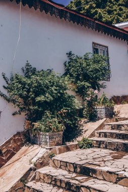 Binalar arasında kentsel çevrede beton modern merdiven, yaz gününün merdivenlerini tırmanmak