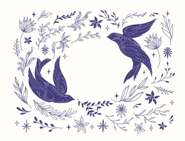 Dekoratif arka plan uçan kuşlar, güzel çiçekler ve kanatlarında doğrusal botanik elementler