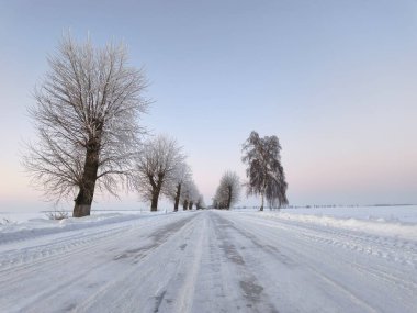 Kış kırsalında karla kaplı boş bir yol. İnsansız ve arabasız, sezonluk temiz bir geçmişi var..