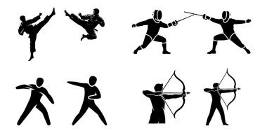 Siyah siluet simgelerinden oluşan bir koleksiyonda dövüş sanatları tekmeleri, eskrim düelloları ve okçuluk atışları yapan sporcuları tasvir ediliyor..