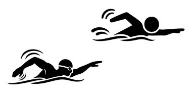 Yüzücülerin iki silueti, yüzmenin dinamik özünü yakalamak için suda görünür dalgalarla itildiler..