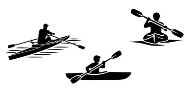 Teknelerde kano süren ve kürek çeken bireylerin siluetleri sakin bir yüzeyde barışçıl veya rekabetçi su aktiviteleriyle meşgul oluyorlar..