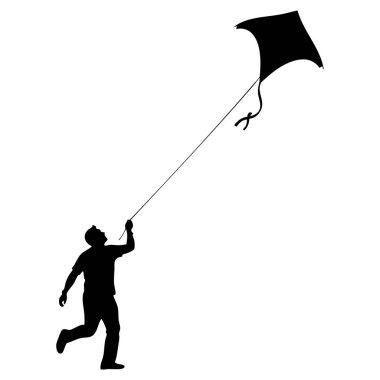 Gökyüzünde yükselen uçurtmanın ipini tutan ve koşan bir adamın neşeli silueti tasasız açık hava aktivitesini temsil ediyor..