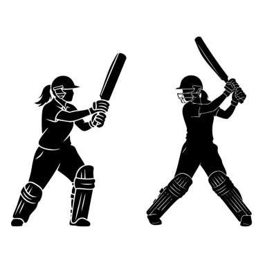 İki kadın kriket oyuncusu siluet olarak gösteriliyor, biri vurmaya hazır, diğeri de salıncakta sallanıyor, krikette vuruşun hareketlerini gösteriyor..