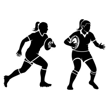 Rugby oynayan iki kadının siluetleri, gösteri hareketleri ve sporun dinamik doğası. Kadın sporcuların, takım sporlarının ve aktif yaşam tarzlarının temaları için ideal.