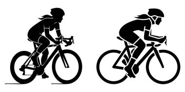 Bisikletle yarışan iki kadın bisikletçinin silüet çizimi, virajlara eğiliyor ve bisiklet sporlarını temsil eden yarışmaya odaklanıyor..