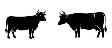 İki basit siyah inek silueti, biri sağa diğeri sola bakıyor, klasik çiftlik hayvanı tasvirleri..