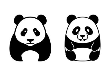 İki büyüleyici panda, biri siyah bir siluet içinde, diğeri beyaz detaylarla, şirin bir grafik tarzında..