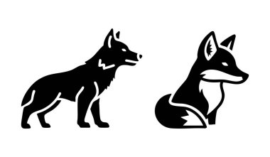 Siyah siluet içinde iki stilize tilki, biri tetikte duruyor diğeri ise kıvrılıp vahşi köpek dişlerini temsil ediyor..