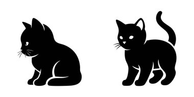 Hoş bir çift siyah kedi yavrusu silueti, biri oturuyor ve diğeri beyaz bir arka planda izole edilmiş, kuyruğunu kaldırmış duruyor..